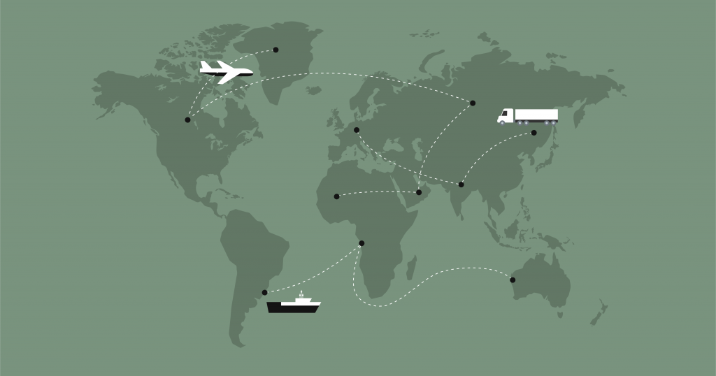 mapa mundi, navios, aviões e caminhões transportando