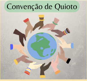 Alt tag: Um quadro com letras garrafais "The Quioto Protocol" com a imagem ilustrativa do planeta terrestre circundada por mãos de cores distintas representando a diversidade